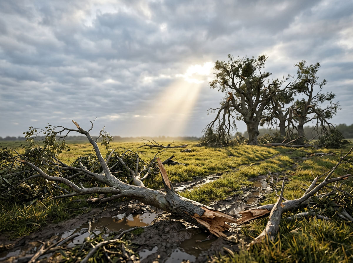 Broken tree trunks and branches scattered in a muddy field with sunlight streaming through clouds.
