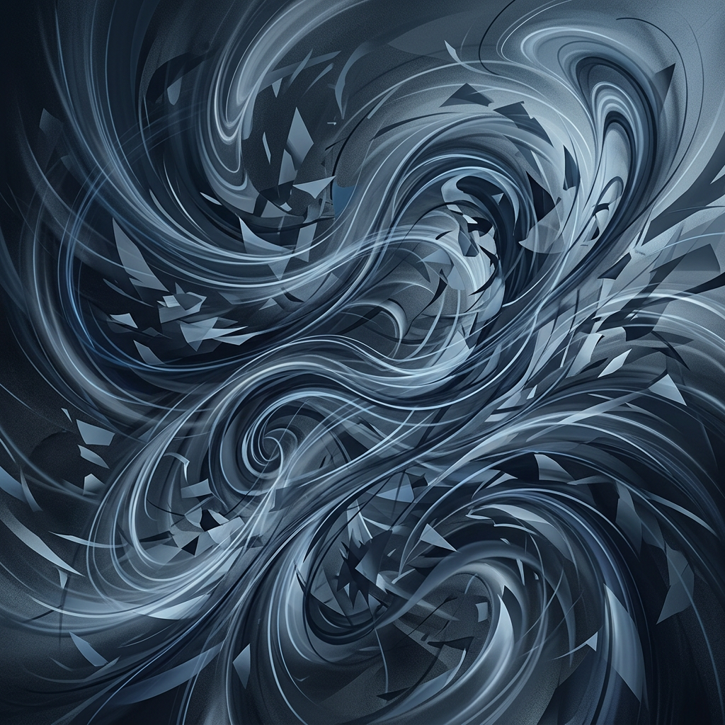 Swirling abstract vortex with blue and gray tones and fragmented shapes