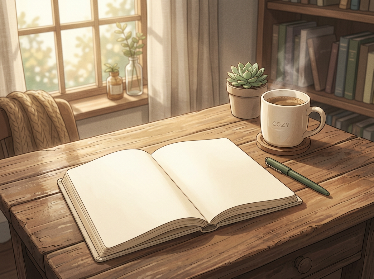 Open blank journal beside coffee mug, pen, and succulent on wooden desk