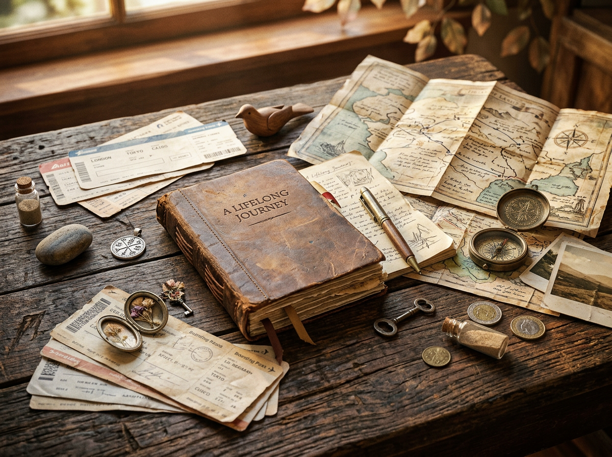 Travel journal labeled “A Lifelong Journey” surrounded by maps, tickets, and compasses