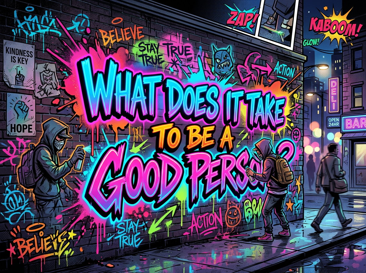 Graffiti mural reading “WHAT DOES IT TAKE TO BE A GOOD PERSON?” with messages including kindness is key, hope, believe, stay true, and action.