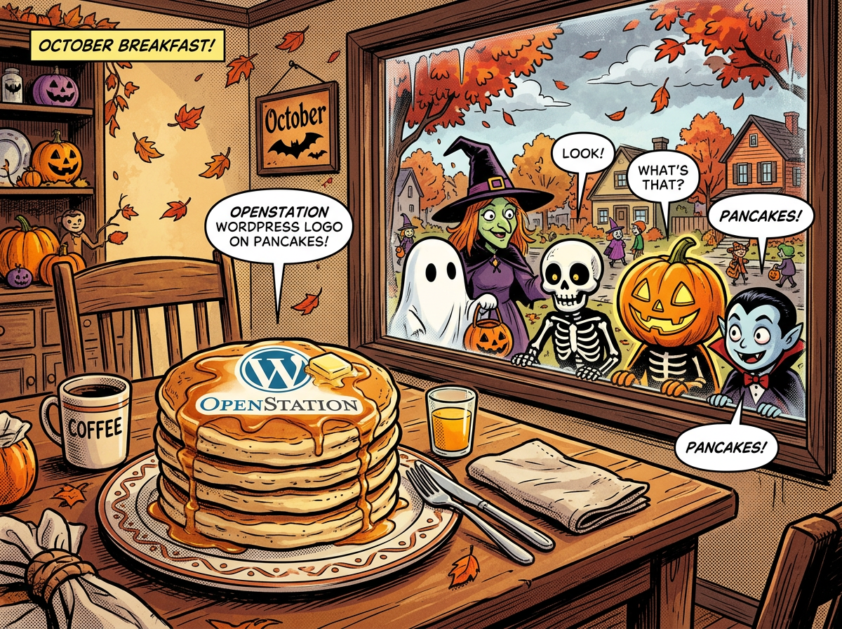Halloween breakfast scene with OpenStation pancakes and spooky characters